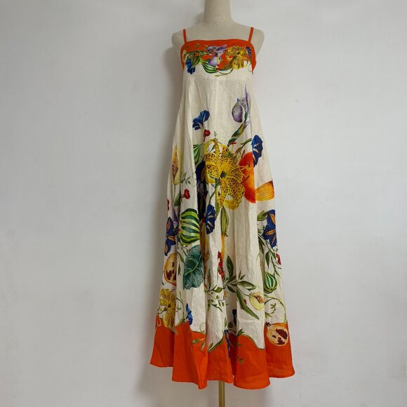 Alemais Pomegranate Floral Print Square-Neck Linen Midi Dress - Picture 3 of 11